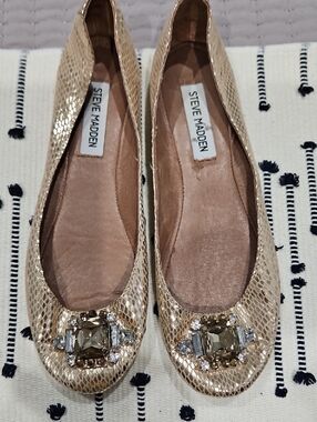 Steve Madden Gold Metallic Snakeskin Ballet Flats with Gem Accent